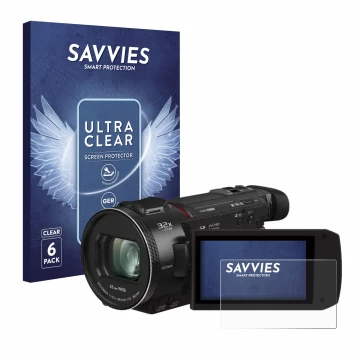 Vorderseite einer Produktverpackung mit dem Markenlogo Savvies. Daneben ist das Gerät Panasonic HC-VXF11 mit dem zugehörigen D