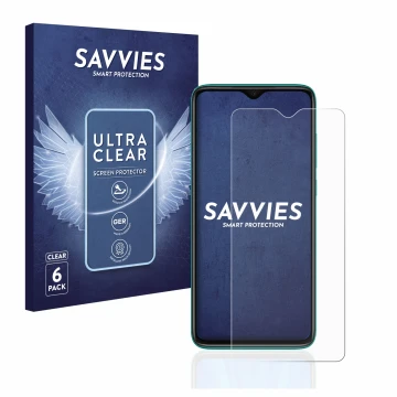 Vorderseite einer Produktverpackung mit dem Markenlogo Savvies. Daneben ist das Gerät Xiaomi Redmi Note 8 Pro mit dem zugehöri