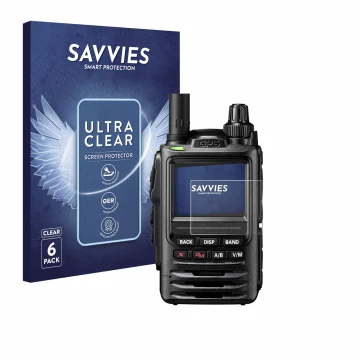 Vorderseite einer Produktverpackung mit dem Markenlogo Savvies. Daneben ist das Gerät Yaesu FT-3D mit dem zugehörigen Displays