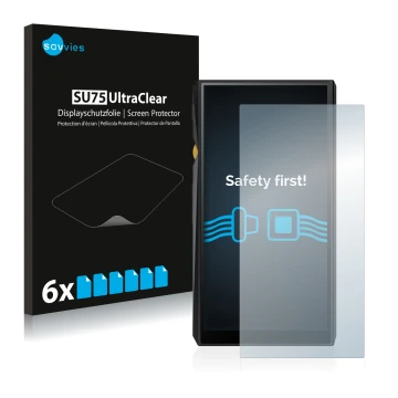 Vorderseite einer Produktverpackung mit dem Markenlogo Savvies. Daneben ist das Gerät FiiO M11 mit dem zugehörigen Displayschu