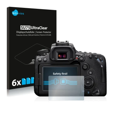 Vorderseite einer Produktverpackung mit dem Markenlogo Savvies. Daneben ist das Gerät Canon EOS 90D mit dem zugehörigen Displa