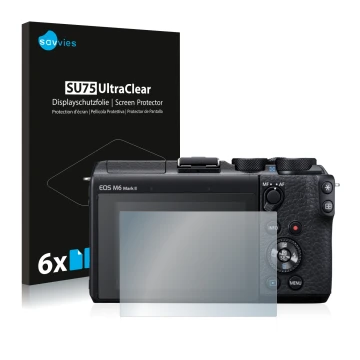 Vorderseite einer Produktverpackung mit dem Markenlogo Savvies. Daneben ist das Gerät Canon EOS M6 Mark II mit dem zugehörigen