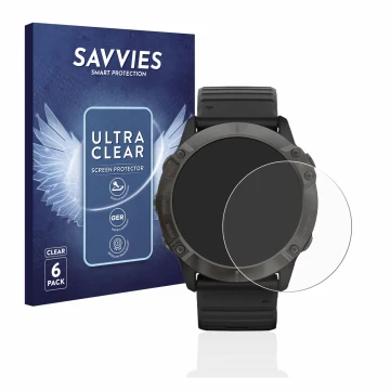 Vorderseite einer Produktverpackung mit dem Markenlogo Savvies. Daneben ist das Gerät Garmin Fenix 6X Pro mit dem zugehörigen 