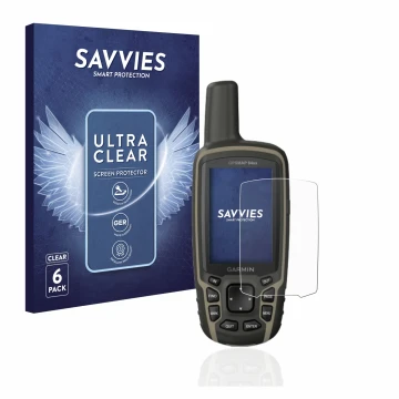 Vorderseite einer Produktverpackung mit dem Markenlogo Savvies. Daneben ist das Gerät Garmin GPSMAP 64sx mit dem zugehörigen D