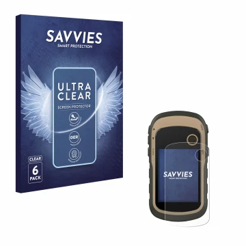 Vorderseite einer Produktverpackung mit dem Markenlogo Savvies. Daneben ist das Gerät Garmin eTrex 32x mit dem zugehörigen Dis