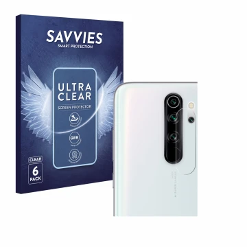 Vorderseite einer Produktverpackung mit dem Markenlogo Savvies. Daneben ist das Gerät Xiaomi Redmi Note 8 Pro (NUR Kameraschut