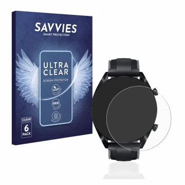 Vorderseite einer Produktverpackung mit dem Markenlogo Savvies. Daneben ist das Gerät Huawei Watch GT 2 (46 mm) mit dem zugehö