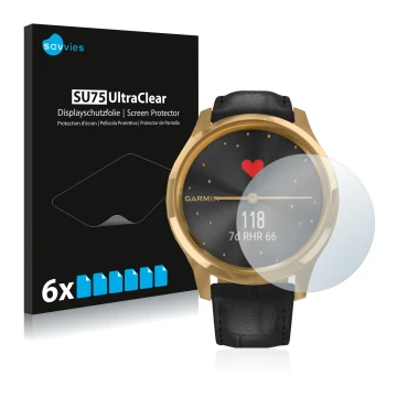 Vorderseite einer Produktverpackung mit dem Markenlogo Savvies. Daneben ist das Gerät Garmin vivomove Luxe (42 mm) mit dem zug