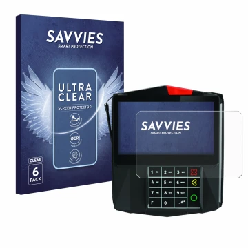 Vorderseite einer Produktverpackung mit dem Markenlogo Savvies. Daneben ist das Gerät ingenico Lane/7000 mit dem zugehörigen D