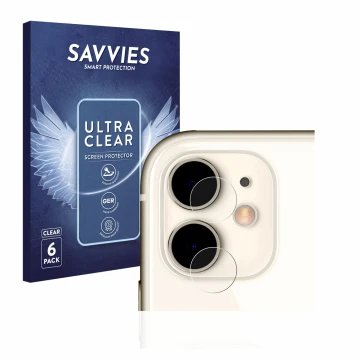 Vorderseite einer Produktverpackung mit dem Markenlogo Savvies. Daneben ist das Gerät Apple iPhone 11 (NUR Kameraschutz) mit d
