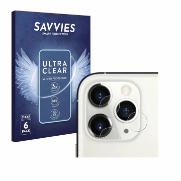 Vorderseite einer Produktverpackung mit dem Markenlogo Savvies. Daneben ist das Gerät Apple iPhone 11 Pro (NUR Kameraschutz) m