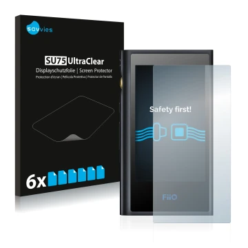 Vorderseite einer Produktverpackung mit dem Markenlogo Savvies. Daneben ist das Gerät FiiO M9 mit dem zugehörigen Displayschut