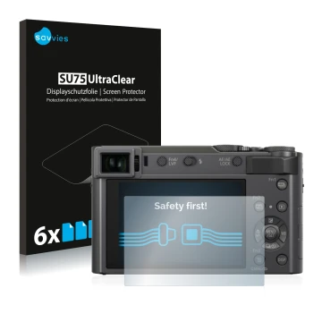 Vorderseite einer Produktverpackung mit dem Markenlogo Savvies. Daneben ist das Gerät Panasonic Lumix DC-TZ200 mit dem zugehör