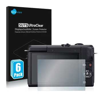 Vorderseite einer Produktverpackung mit dem Markenlogo Savvies. Daneben ist das Gerät Canon EOS M200 mit dem zugehörigen Displ