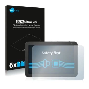 Vorderseite einer Produktverpackung mit dem Markenlogo Savvies. Daneben ist das Gerät Amazon Echo Show 8 (1. Gen.) mit dem zug