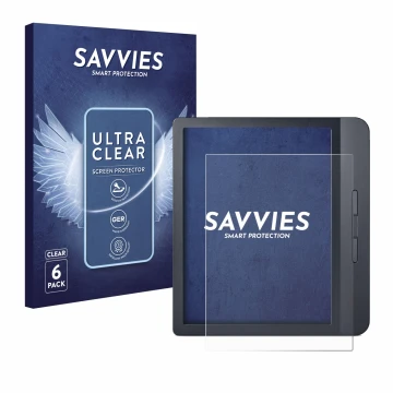 Vorderseite einer Produktverpackung mit dem Markenlogo Savvies. Daneben ist das Gerät Kobo Libra H2O mit dem zugehörigen Displ
