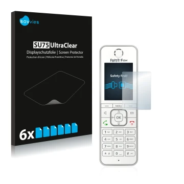 Vorderseite einer Produktverpackung mit dem Markenlogo Savvies. Daneben ist das Gerät AVM Fritz!Fon C6 mit dem zugehörigen Dis