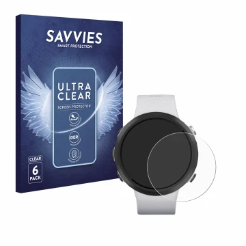 Vorderseite einer Produktverpackung mit dem Markenlogo Savvies. Daneben ist das Gerät Garmin Swim 2 mit dem zugehörigen Displa