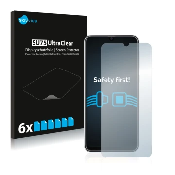 Vorderseite einer Produktverpackung mit dem Markenlogo Savvies. Daneben ist das Gerät Samsung Galaxy M30s mit dem zugehörigen 