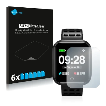 Vorderseite einer Produktverpackung mit dem Markenlogo Savvies. Daneben ist das Gerät Lenovo E1 mit dem zugehörigen Displaysch