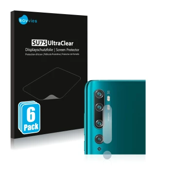 Vorderseite einer Produktverpackung mit dem Markenlogo Savvies. Daneben ist das Gerät Xiaomi Mi Note 10 Pro (NUR Kameraschutz)