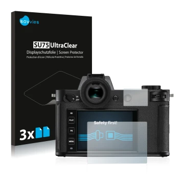 Vorderseite einer Produktverpackung mit dem Markenlogo Savvies. Daneben ist das Gerät Leica SL2 mit dem zugehörigen Displaysch