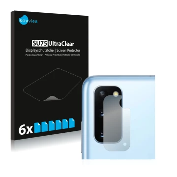 Vorderseite einer Produktverpackung mit dem Markenlogo Savvies. Daneben ist das Gerät Samsung Galaxy S20 (NUR Kameraschutz) mi