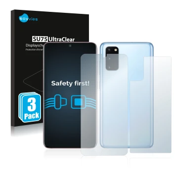 Vorderseite einer Produktverpackung mit dem Markenlogo Savvies. Daneben ist das Gerät Samsung Galaxy S20 (Display+Rückseite) m