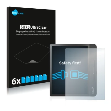 Vorderseite einer Produktverpackung mit dem Markenlogo Savvies. Daneben ist das Gerät Tolino Epos 2 mit dem zugehörigen Displa