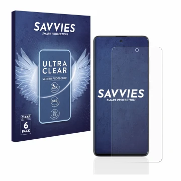 Vorderseite einer Produktverpackung mit dem Markenlogo Savvies. Daneben ist das Gerät Samsung Galaxy A51 mit dem zugehörigen D