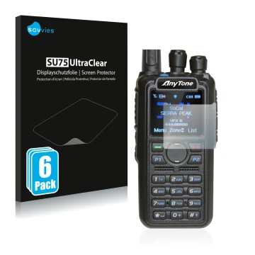 Vorderseite einer Produktverpackung mit dem Markenlogo Savvies. Daneben ist das Gerät AnyTone AT-D878UV mit dem zugehörigen Di