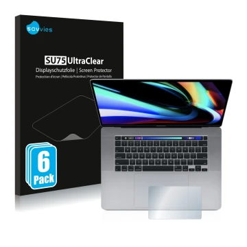 Vorderseite einer Produktverpackung mit dem Markenlogo Savvies. Daneben ist das Gerät Apple MacBook Pro 16