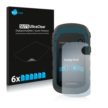 Vorderseite einer Produktverpackung mit dem Markenlogo Savvies. Daneben ist das Gerät Garmin eTrex 22x mit dem zugehörigen Dis