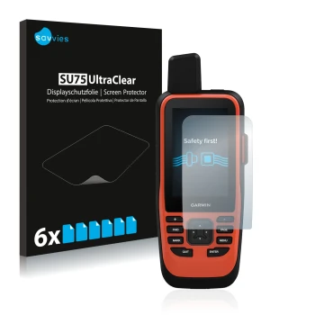 Vorderseite einer Produktverpackung mit dem Markenlogo Savvies. Daneben ist das Gerät Garmin GPSMAP 86i mit dem zugehörigen Di