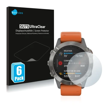 Vorderseite einer Produktverpackung mit dem Markenlogo Savvies. Daneben ist das Gerät Garmin Fenix 6 mit dem zugehörigen Displ