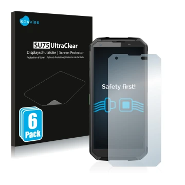 Vorderseite einer Produktverpackung mit dem Markenlogo Savvies. Daneben ist das Gerät Blackview BV9500 Plus mit dem zugehörige