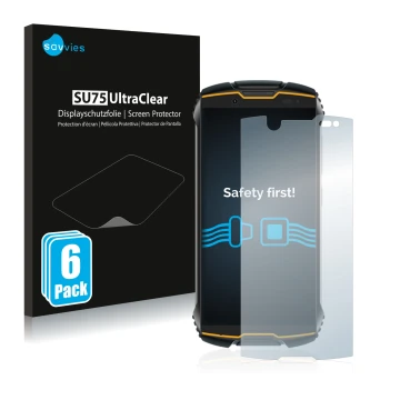 Vorderseite einer Produktverpackung mit dem Markenlogo Savvies. Daneben ist das Gerät Cubot King Kong Mini mit dem zugehörigen