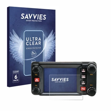 Vorderseite einer Produktverpackung mit dem Markenlogo Savvies. Daneben ist das Gerät Yaesu FTM-400XDR mit dem zugehörigen Dis