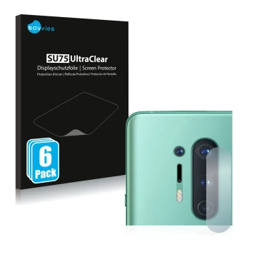 Vorderseite einer Produktverpackung mit dem Markenlogo Savvies. Daneben ist das Gerät OnePlus 8 Pro (NUR Kameraschutz) mit dem