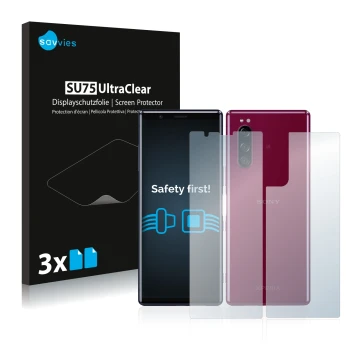 Vorderseite einer Produktverpackung mit dem Markenlogo Savvies. Daneben ist das Gerät Sony Xperia 5 (Display+Rückseite) mit de