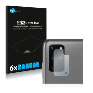 Vorderseite einer Produktverpackung mit dem Markenlogo Savvies. Daneben ist das Gerät Samsung Galaxy S20 Plus (NUR Kameraschut