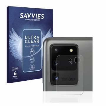 Vorderseite einer Produktverpackung mit dem Markenlogo Savvies. Daneben ist das Gerät Samsung Galaxy S20 Ultra (NUR Kameraschu