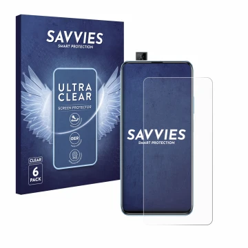 Vorderseite einer Produktverpackung mit dem Markenlogo Savvies. Daneben ist das Gerät Huawei P smart Pro 2019 mit dem zugehöri