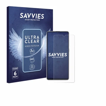 Vorderseite einer Produktverpackung mit dem Markenlogo Savvies. Daneben ist das Gerät Samsung Galaxy Note 10 Lite mit dem zuge