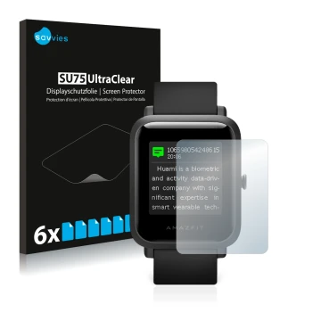 Vorderseite einer Produktverpackung mit dem Markenlogo Savvies. Daneben ist das Gerät Huami Amazfit Bip S mit dem zugehörigen 