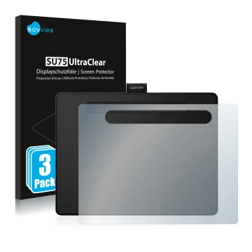 Vorderseite einer Produktverpackung mit dem Markenlogo Savvies. Daneben ist das Gerät Wacom Intuos M mit dem zugehörigen Displ