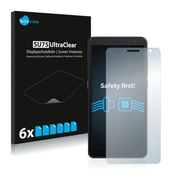 Vorderseite einer Produktverpackung mit dem Markenlogo Savvies. Daneben ist das Gerät Alcatel 1B 2020 mit dem zugehörigen Disp
