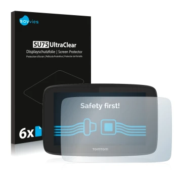 Vorderseite einer Produktverpackung mit dem Markenlogo Savvies. Daneben ist das Gerät TomTom Go Professional 520 mit dem zugeh