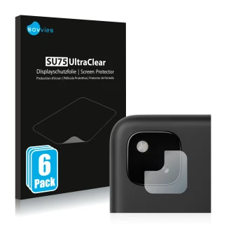 Vorderseite einer Produktverpackung mit dem Markenlogo Savvies. Daneben ist das Gerät Google Pixel 4a (NUR Kameraschutz) mit d