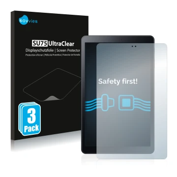 Vorderseite einer Produktverpackung mit dem Markenlogo Savvies. Daneben ist das Gerät Samsung Galaxy Tab A 10.5 WiFi 2018 mit 